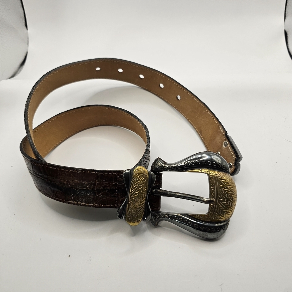 Brown Western Leather Belt with Ornate Gold & Silver Buckle